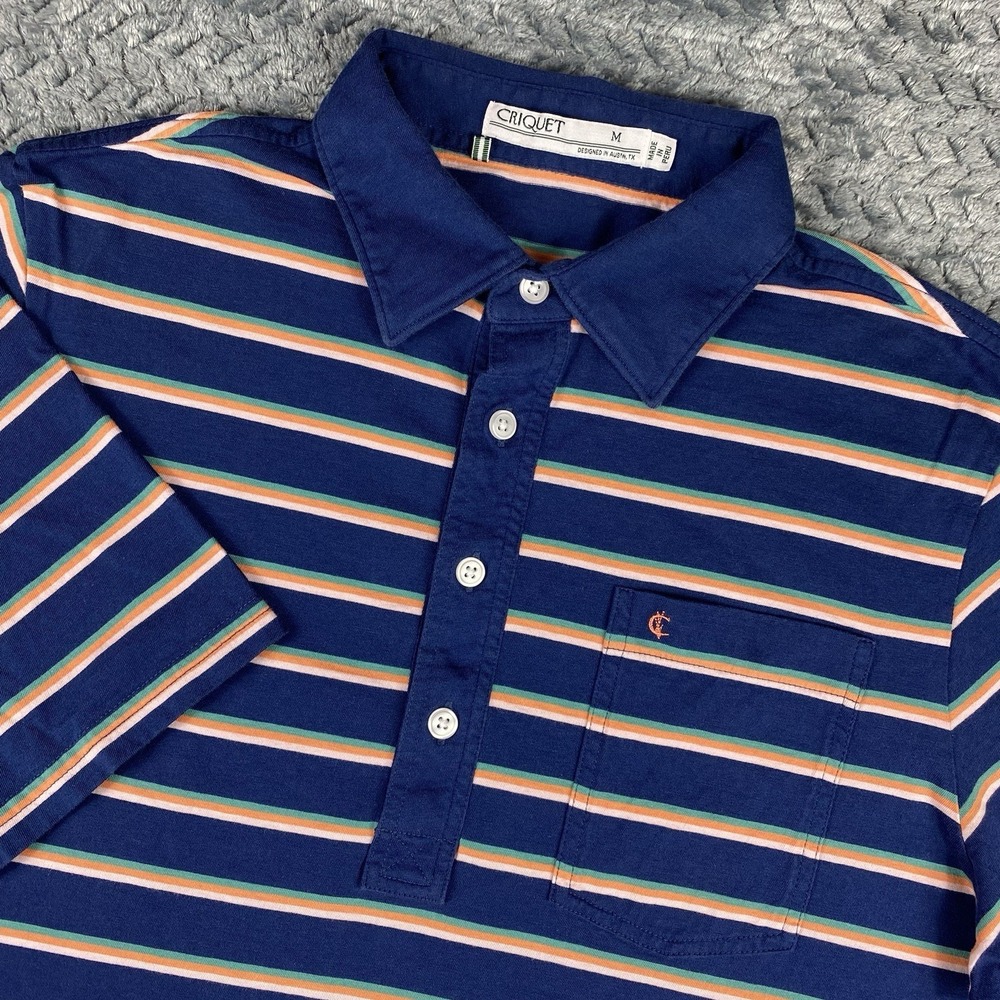 Criquet Polo Shirt Mens M Blue Stripes Lightweight Organic Cotton Stretch Pocket